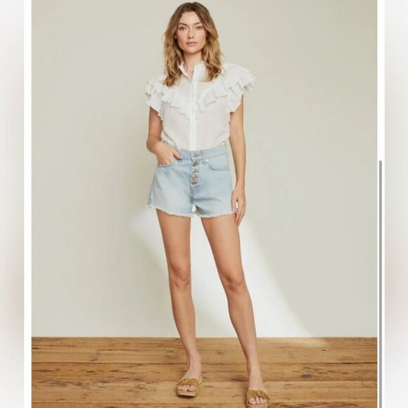 Veronica Beard Timmi High Rise Raw Hem Button Fly Denim Shorts Aire Blue Wash 25 - Picture 14 of 14